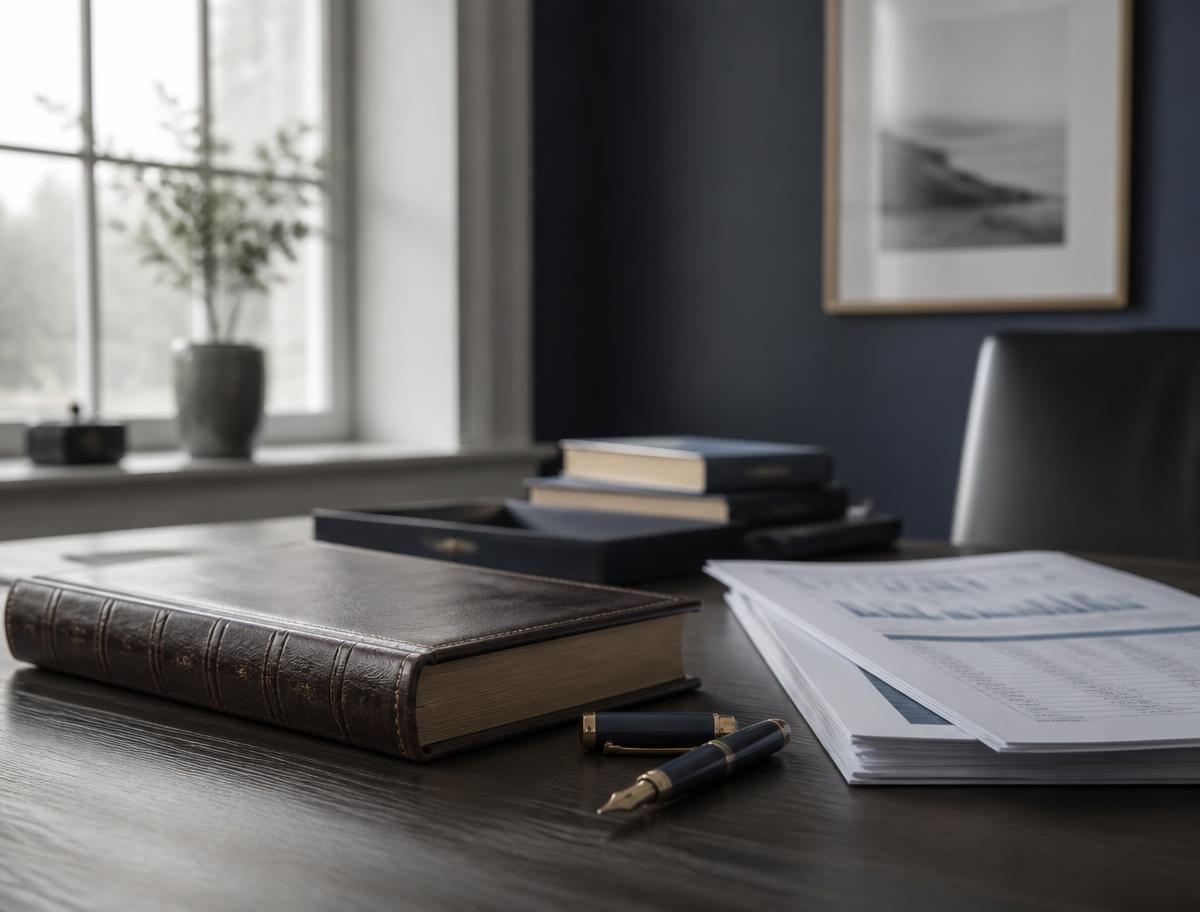 Financial statements and a fountain pen on a desk at Lane & Company